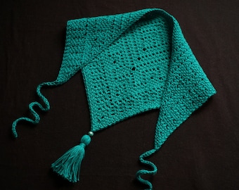 Tunisian crochet triangle summer bandana with lace inspired by embroidery - Instant download crochet pattern for lace cotton head scarf