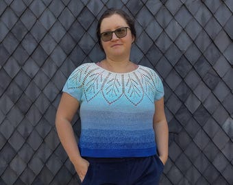 Summer top crochet pattern for women with lacy feather round yoke - includes plus sizes, charts, US terms and UK terms