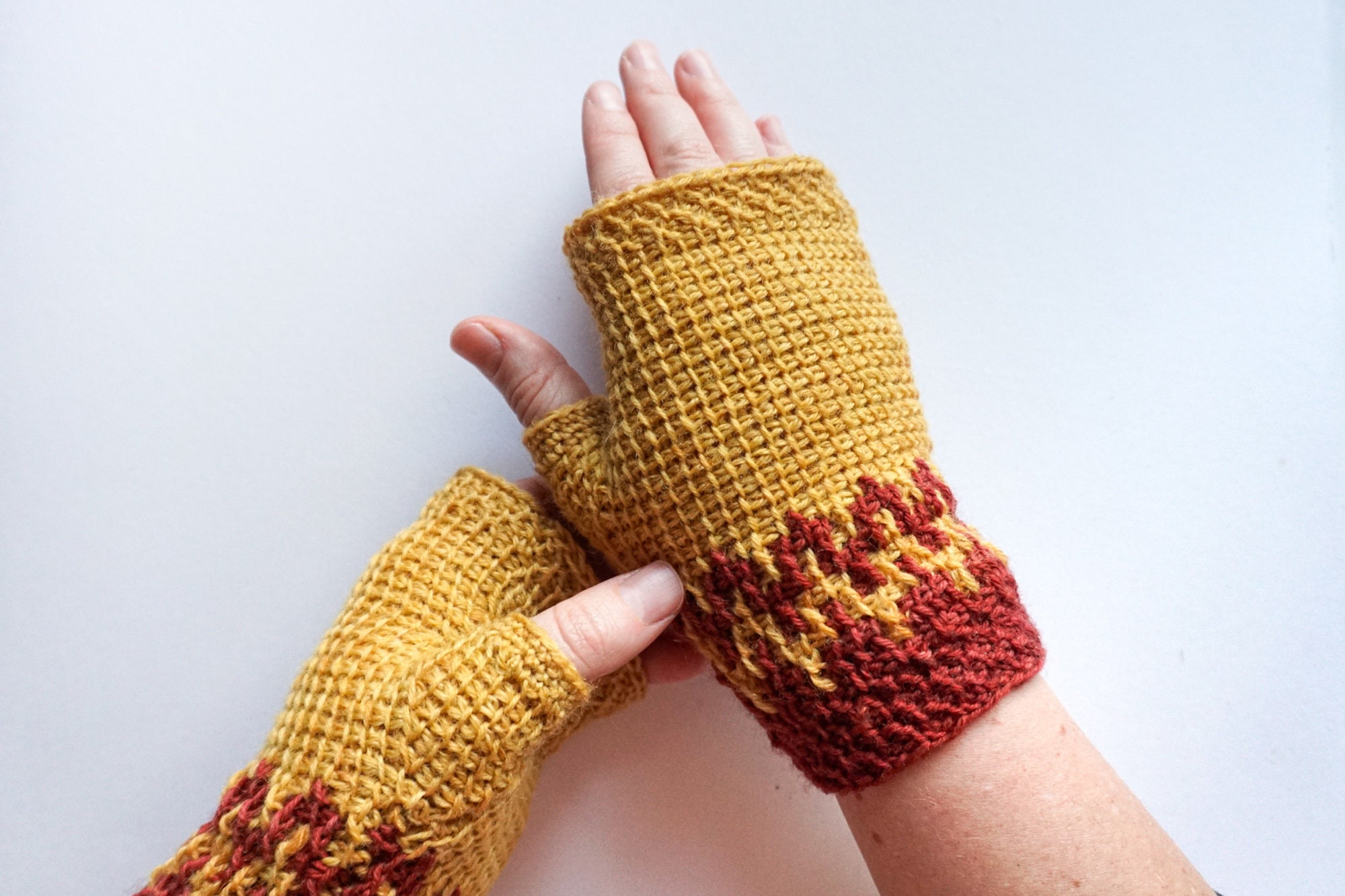 Tunisian Crochet Fingerless Mittens With Mosaic and Thumb Gusset - Main Image