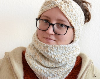 Twisted headband and Tunisian crochet cowl set of patterns in honeycomb stitch
