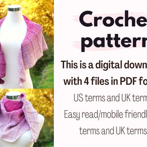 Textured asymmetrical triangle shawl PDF digital crochet pattern, Blackberry pudding shawl, charts, full instructions US UK terms easy read image 2