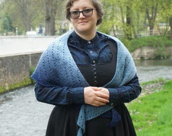 Asymmetrical rounded triangle shawl Tunisian crochet pattern with simple lace - Kyanite shawl
