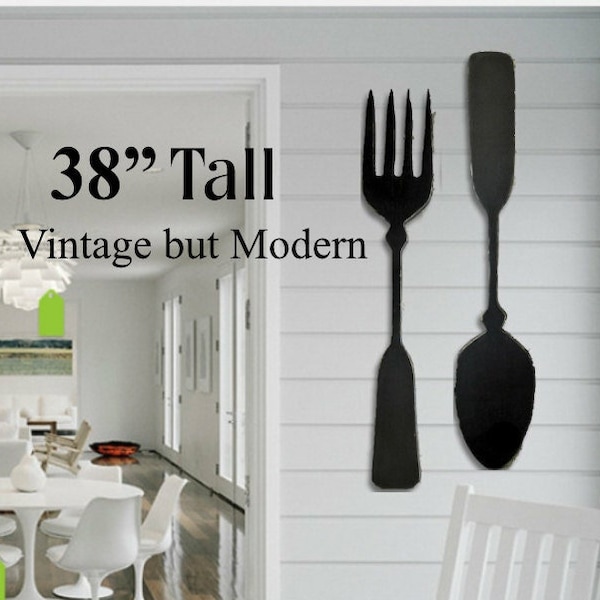 1 left Large Solid Black Wood fork and spoon wall decor, handmade, kitchen decor, gift for mom, restaurant wall decor