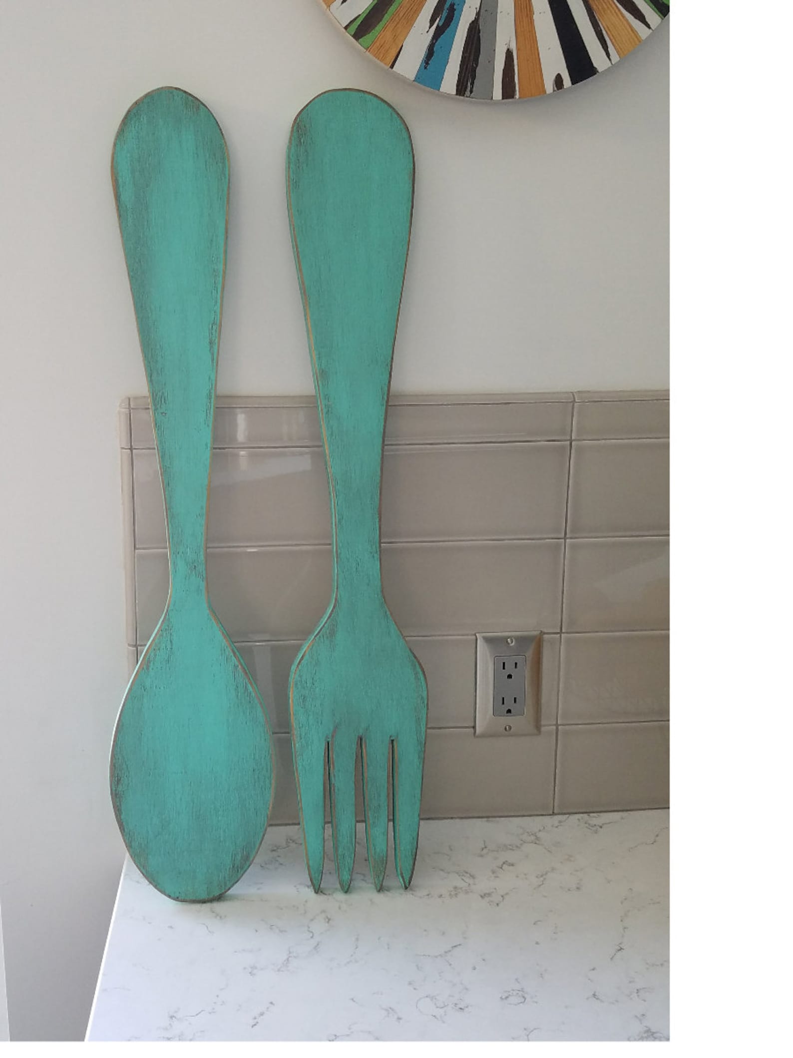 Large Wood Fork and Spoon Wall Decor Black Distressed Etsy