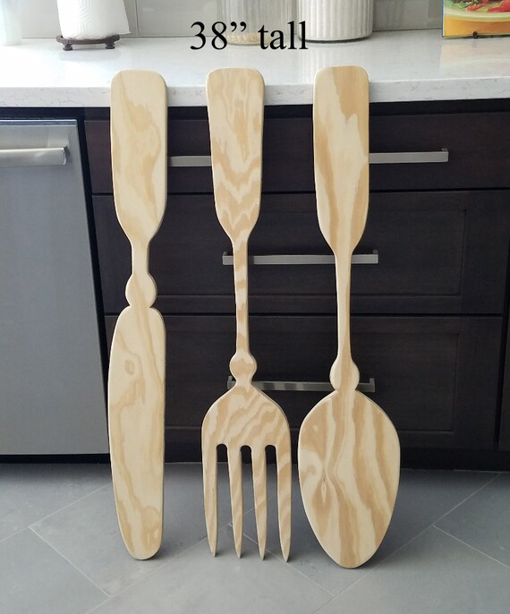 Large Wood Knife Fork And Spoon Wall Decor Handmade Kitchen Etsy
