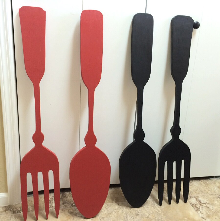 Large Wood Fork and Spoon Wall Decor Handmade Kitchen Decor Etsy