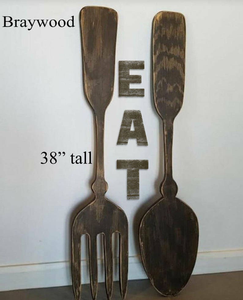 Large Wood Fork And Spoon Wall Decor Handmade Kitchen Farmhouse Eat Letters