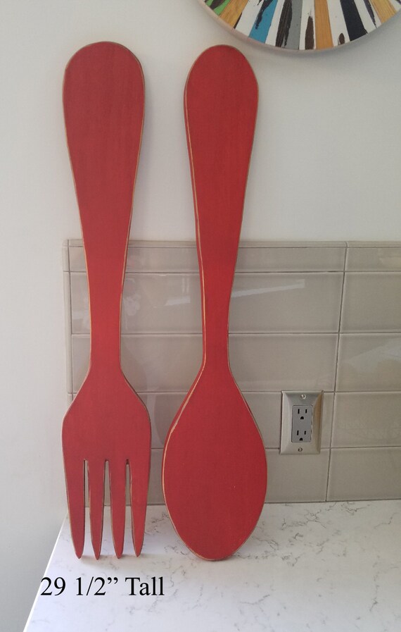Large Wood Fork And Spoon Wall Decor Handmade Distressed Etsy