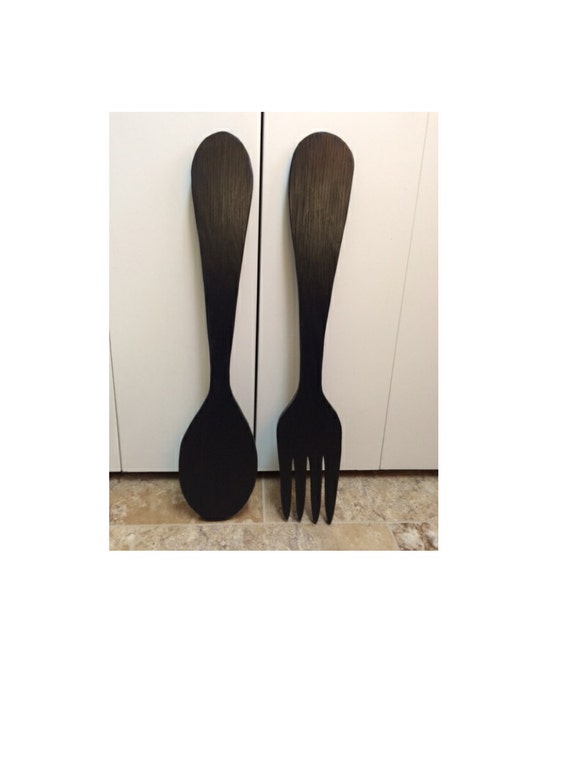 Large Wood Fork And Spoon Wall Decor Black Distressed Etsy