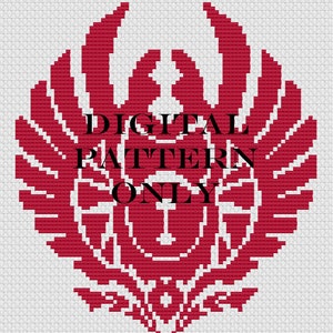 May include: A red and white cross-stitch pattern featuring a symmetrical design with the text "DIGITAL PATTERN ONLY". The pattern has a central emblem with wing-like elements and geometric shapes.