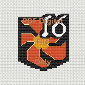 May include: A black and orange cross-stitch pattern with a white background. The pattern features a stylized flower with a yellow center and the text "PDF Digital File Only".