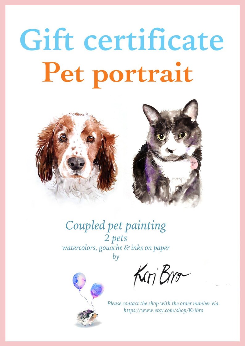 Gift Certificate. Custom Pet Portrait. Two Pets. Last Minute Etsy