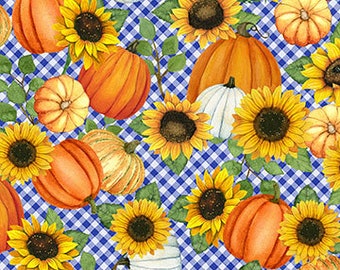 Lovely, Fall Fabric, Sunflowers, Pumpkins Allover, Blue Check, Fabric, Autumn Gathering, Digital Print, Northcott, DP26938-44, By the Yard