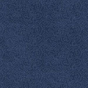 Op de afbeelding: Een naadloos patroon met een donkerblauwe achtergrond. Het ontwerp bestaat uit delicate, wervelende patronen, gemaakt van kleine, gelijkmatig verdeelde stippen in een lichtere blauwtint, wat een gevoel van diepte en beweging creëert.