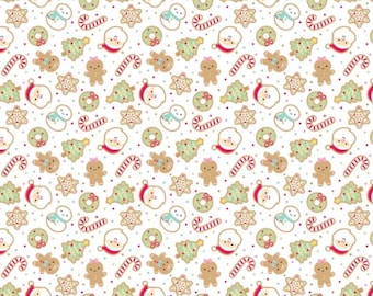 Könnte beinhalten: Ein sich wiederholendes Muster von Weihnachtsplätzchen auf weißem Hintergrund. Die Kekse zeigen Lebkuchenmännchen, Weihnachtsbäume, Schneemänner, Weihnachtsmann-Gesichter, Kränze und Zuckerstangen. Die Kekse sind mit rotem, grünem und braunem Zuckerguss verziert, der Hintergrund hat kleine lila Punkte.