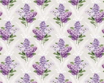 EOB REMNANT, 32 inches, Lovely, Floral Fabric, Purple Lilacs, White Ferns, Greenery, Pale Gray Background, Lilac Garden, Northcott, 25396-91