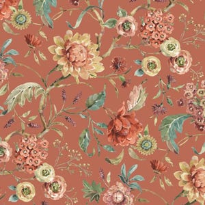 May include: Watercolor floral pattern featuring various flowers in shades of peach, coral, and yellow, with green leaves and stems, set against a terracotta background. The design has a vintage, botanical feel.