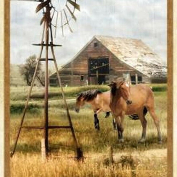 Greener Pastures, 24-inch Panel, Horses, Wind Mill, Barn,  Wheat, Farm, Rural Scene, Wilmington Prints, 82629-247