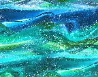 May include: Abstract watercolour pattern with flowing waves in shades of blue, teal, and green. White speckles add texture to the design. The artwork evokes a sense of fluidity and movement, reminiscent of the sea.