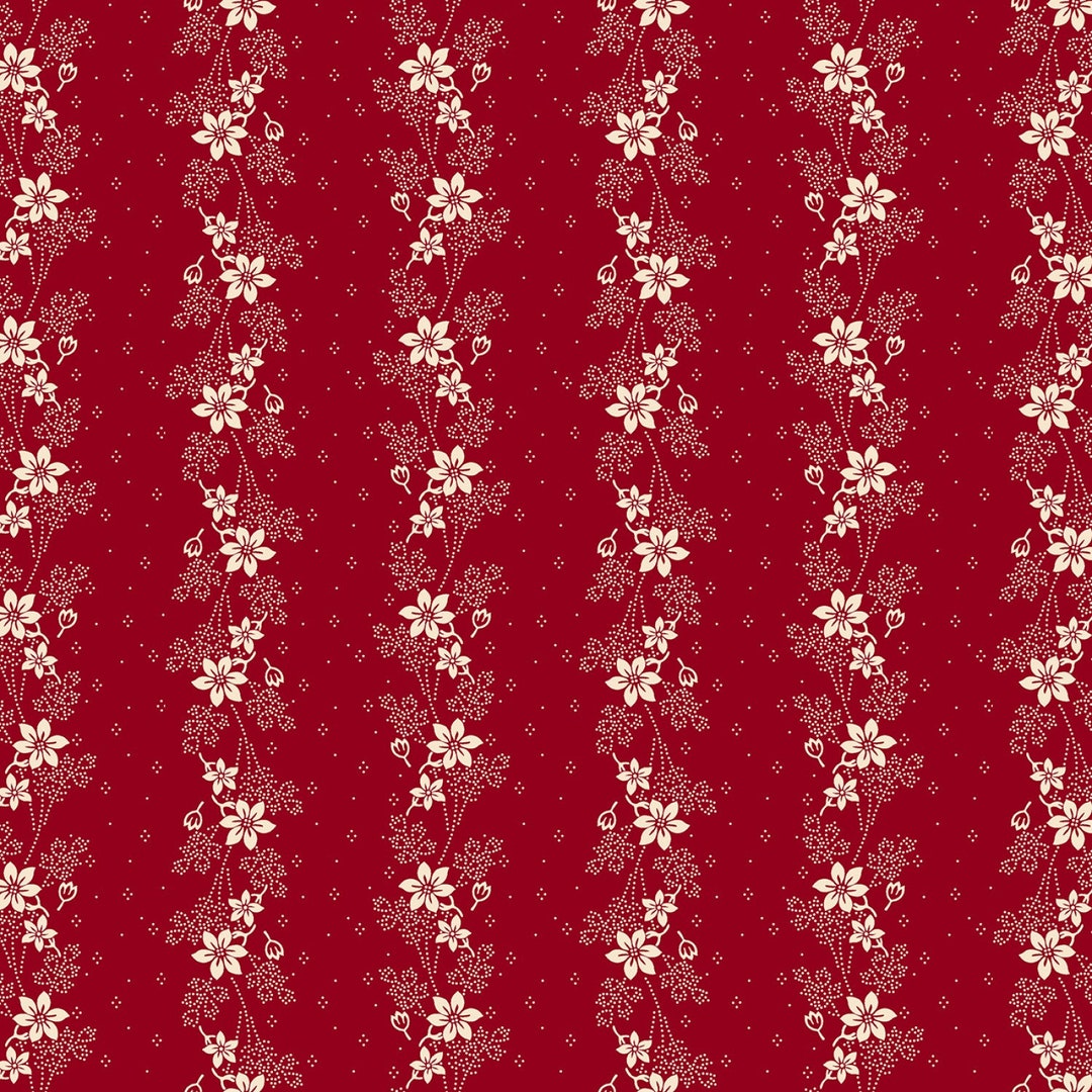 Tissu Patchwork Floral Rouge Henry Glass - Motif Rayure 'Memories In Redwork' 2952-88