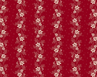 Lovely, Floral Stripe, Fabric, Scarlet Red, Memories in Redwork, Henry Glass Fabrics, 2952-88, By the Yard