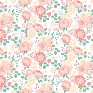 Lovely, Pink and Ivory, Floral Bouquets, Creamy White Background, Fabric, At First Sight, Riley Blake, 12680R-CREAM, By the Yard