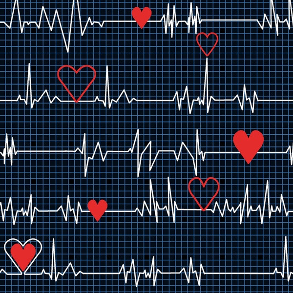 Heartbeat, Red Hearts, White Monitor Lines, Navy Blue Grid, Black, Calling All Nurses, Whistler Studios, Windham, 37302-1, By the Yard