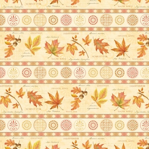 May include: A seamless pattern featuring various types of fall leaves in shades of orange, red, and yellow. The leaves are arranged in horizontal rows with text labels identifying each type of leaf, such as "Scarlet Oak", "Sugar Maple", and "Chestnut". The background is a light cream color with a repeating pattern of small circles in shades of orange and brown.