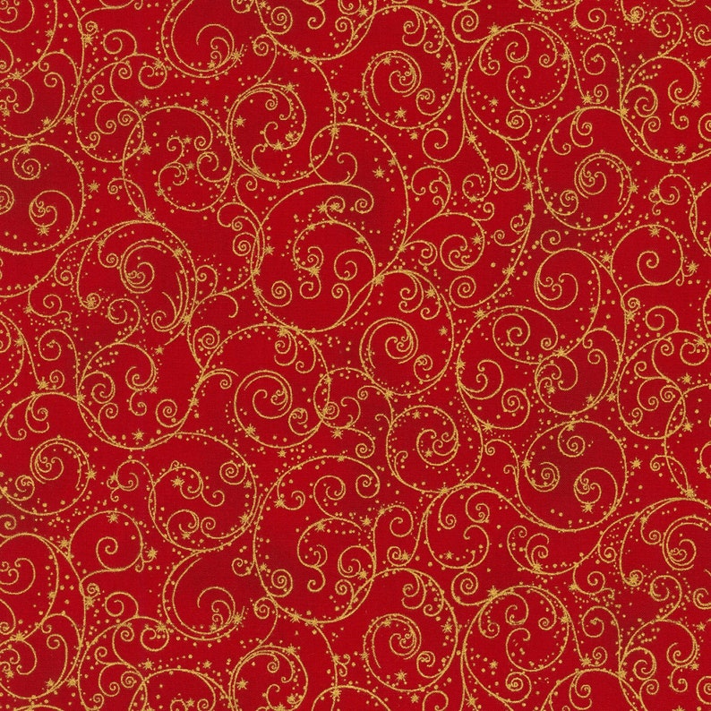 Gold Swirls Allover Christmas Red FABRIC Gold Metallic | Etsy