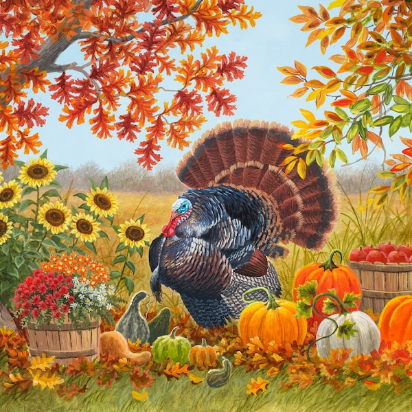 Harvest Garden, Beautiful Thanksgiving Turkey, Sunflowers, Pumpkins, 36-in Panel, Digital Print, Art Licensing, Four Seasons, ML32101C1