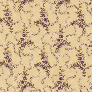 May include: A repeating pattern of floral fabric. The design features purple roses and yellow buds on green stems, arranged in a diagonal pattern. The background is a light yellow color, with a dotted wavy line.