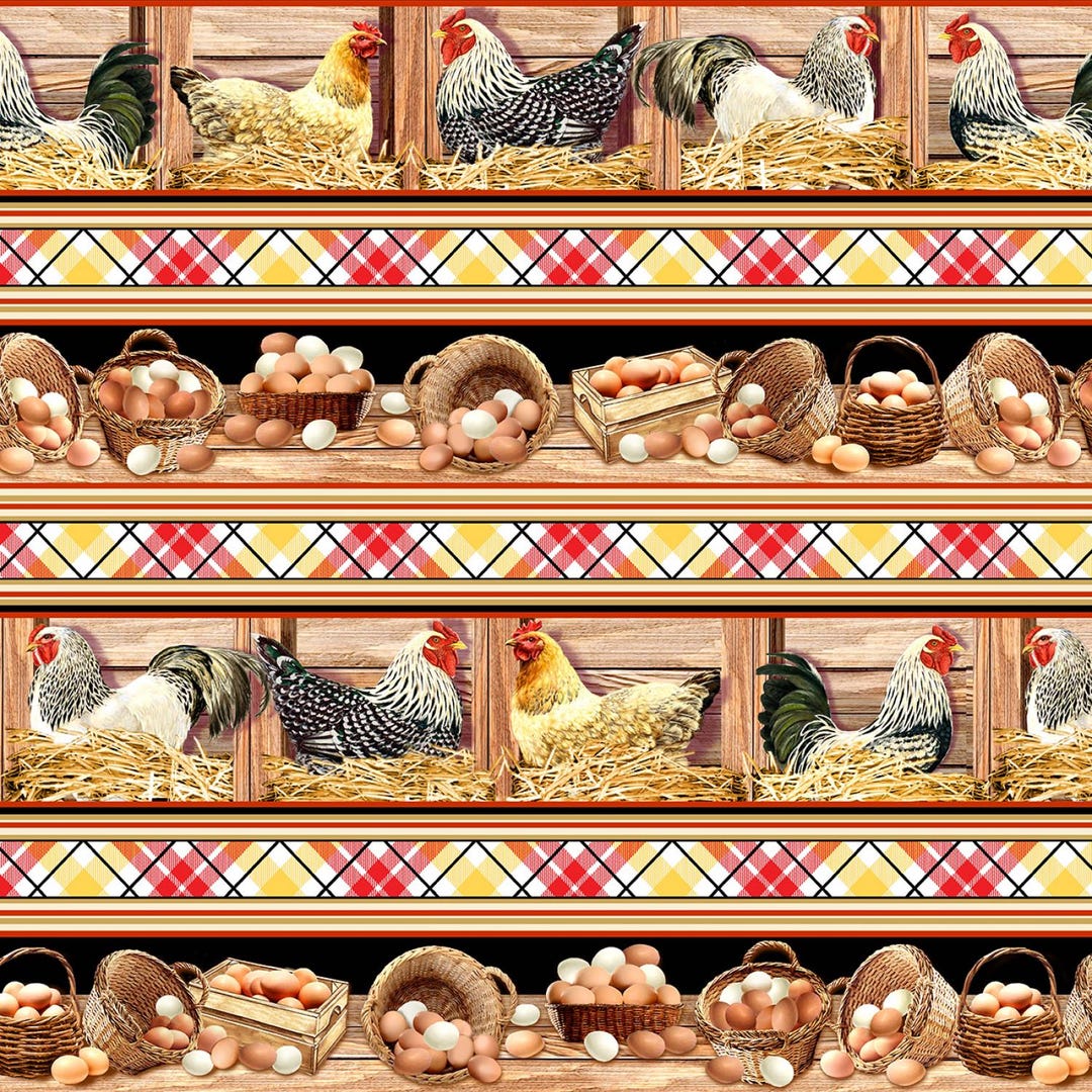 Wind Rose　　JOSEPH FINX COTTON / RAY Straw Henhouse, Fabric Border Stripe, Chickens, Eggs