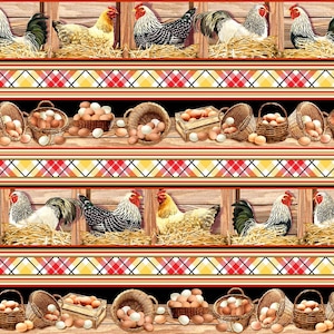 May include: A repeating pattern featuring chickens, eggs, and baskets. The chickens are in wooden stalls with hay, while the eggs are in baskets and wooden crates. The design includes red, yellow, and black plaid and striped borders.