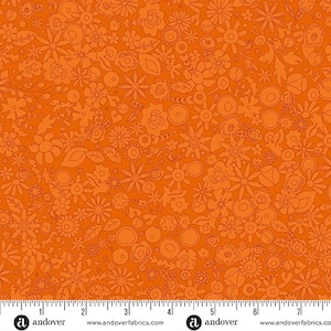 Orange mandarine, emballage lâche, contours floraux de la forêt, tissu, impression soleil 2024, tissus Andover, A-790-O, l&#39;mètre