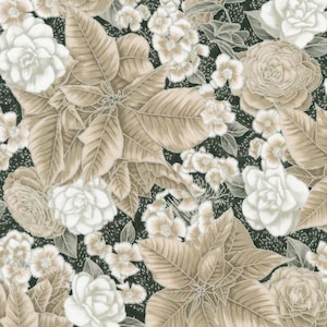 Poinsettias, Roses, Silver Metallic, Black Fabric, Holiday Flourish-Peppermint Twist, Robert Kaufman, SRKM22946304, By the Yard