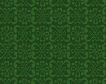 Pode incluir: Um padrão sem costura com um design repetitivo de redemoinhos e pontos verdes sobre um fundo verde escuro.