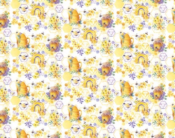 Preciosa tela floral amarilla y morada con abejas y tarros de miel. Bienvenidos a nuestra colmena. Dulce néctar. Camelot Fabrics, 55230102-01, cortada a medida.