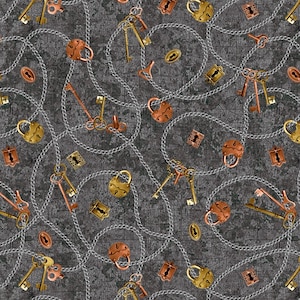 May include: A repeating pattern featuring antique keys, padlocks, and keyholes in gold, copper, and bronze tones, linked by silver chains. The background is a dark gray, textured surface with a subtle map design.