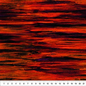 May include: Abstract fabric with a horizontal stripe pattern in shades of red, orange, black, and purple.