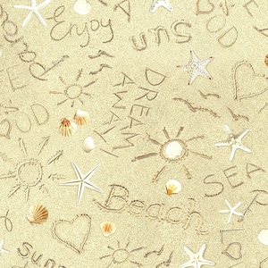 May include: A sandy beach scene with text and illustrations. The words "Enjoy", "Dream Away", "Beach", and "Sea" are etched into the sand. Sun drawings, hearts, seashells, and starfish are scattered across the surface.