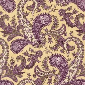 May include: A fabric with a repeating paisley pattern. The design features large, teardrop-shaped paisley motifs in shades of purple and green, set against a pale yellow background. The pattern is detailed with floral and vine-like elements.