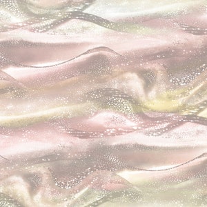 May include: Abstract watercolor pattern featuring flowing, layered shapes in shades of pink, beige, and gold. The design includes a speckled texture, creating a soft, dreamy aesthetic. This artwork is suitable for various applications.