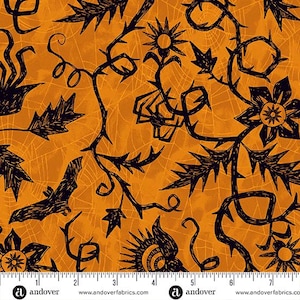 May include: Black and orange fabric with a repeating pattern of vines, flowers, bats, and spiders. The fabric has a textured, slightly distressed look.