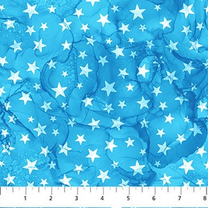 May include: Blue fabric with a white star pattern. The stars are scattered randomly across the fabric.