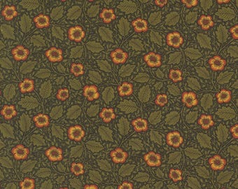 Small Gold Flowers, Green Leaves, Morris Manor Ebony, Reproduction Fabric, Moda, 8396-20, By the Yard