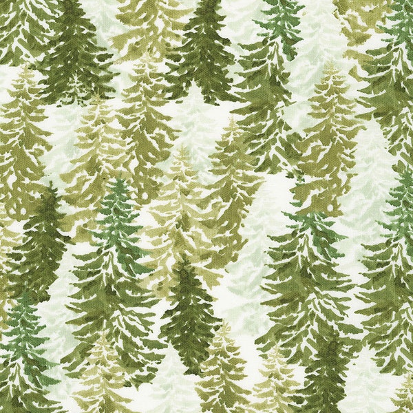 Snow Covered, Pine Trees, Olive Green, Winter Village, Landscape Fabric, Timeless Treasures, Holiday-C6953-Forest, By the Yard