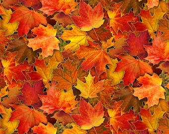 Prachtig, gedetailleerd, herfst, bladeren, goud metallic accent, landschapsstof, oogsttijd, Elizabeth&#39;s Studios, M613E-MULTI, op maat gesneden