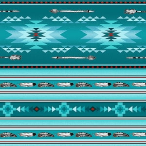 Tissu pour couverture à rayures sud-ouest turquoise, motifs Navaho, Native Spirit, Elizabeth&#39;s Studios, 530E-TURQ, l&#39;yard