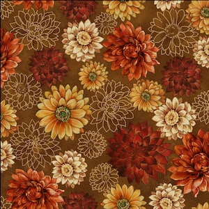 Puede incluir: Un patrón floral marrón con flores en naranja, rojo, amarillo y crema. Flores blancas delineadas añaden profundidad. El diseño es adecuado para tela o papel pintado. El patrón recuerda al otoño.