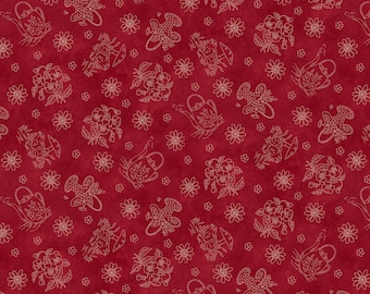 Floral Outlines, Baskets, Bouquets, Flowers, Frogs, Fabric, Scarlet Red, Memories in Redwork, Henry Glass Fabrics, 2957-88, By the Yard